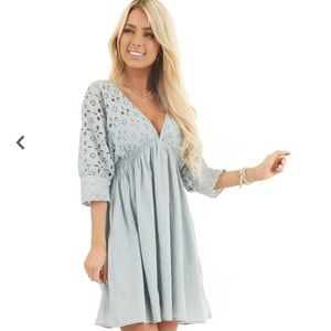 LIGHT SAGE EYELET BABYDOLL DRESS PLUNGING NECKLINE